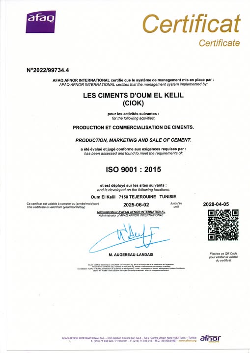 Les Ciments d'Oum El Kelil obtient la certification ISO 9001:2015